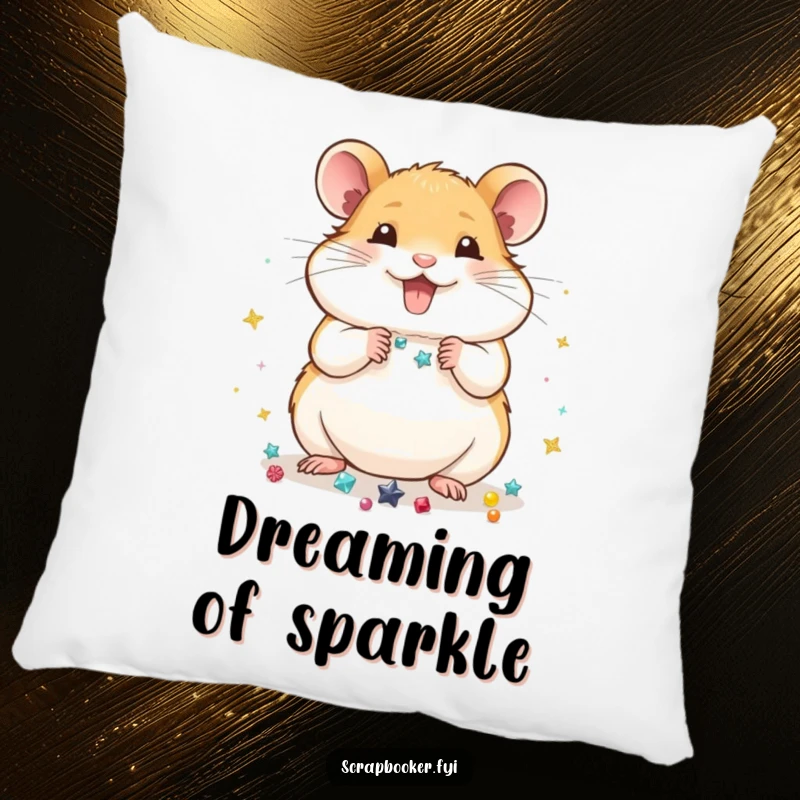Funny Pillow: A soft accent pillow showing a hamster arranging shiny embellishments, adding a touch of crafty humor to any room.