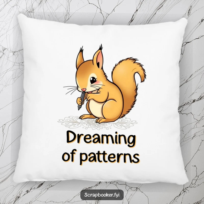 Funny pillow showcasing a determined squirrel artist meticulously drawing patterns with a fine-tip pen, conveying focus and artistic passion.