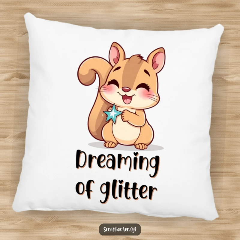 Funny Pillow with a delighted squirrel smiling while applying a sparkly sticker, offering comfort and sparkle.