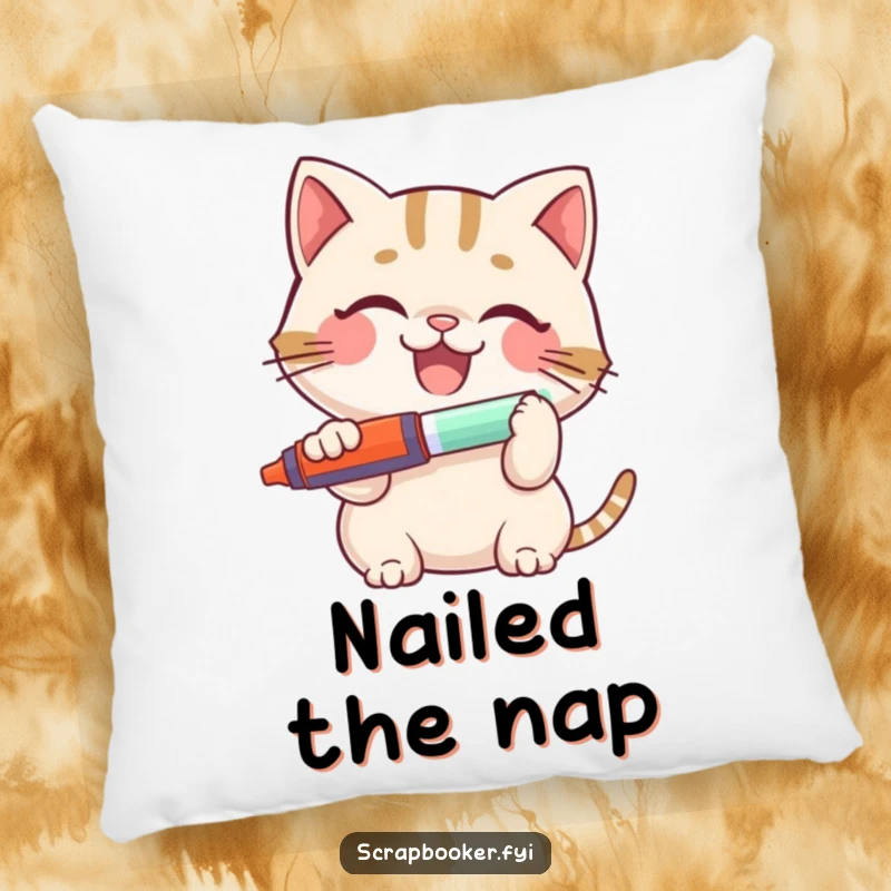 Funny Cat Pillow: A cute, smiling cat holding a glue stick, offering comfort and humor, perfect for cat lovers and crafters.