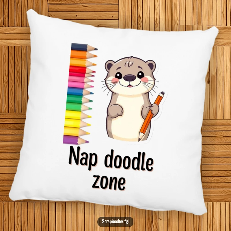 Funny otter pillow showcasing a smiling otter sketching a border with a vibrant colored pencil, perfect for cozy art vibes.