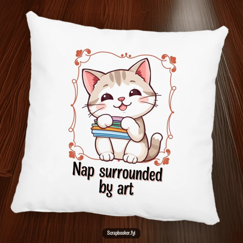 Funny pillow featuring a cheerful cat with stickers, perfect for adding a touch of cute humor to any room.