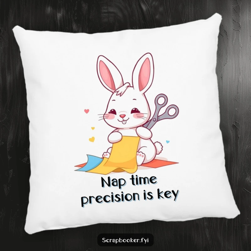 Funny pillow featuring a happy rabbit diligently cutting colorful paper with scissors, adding a cozy and whimsical touch to any room.
