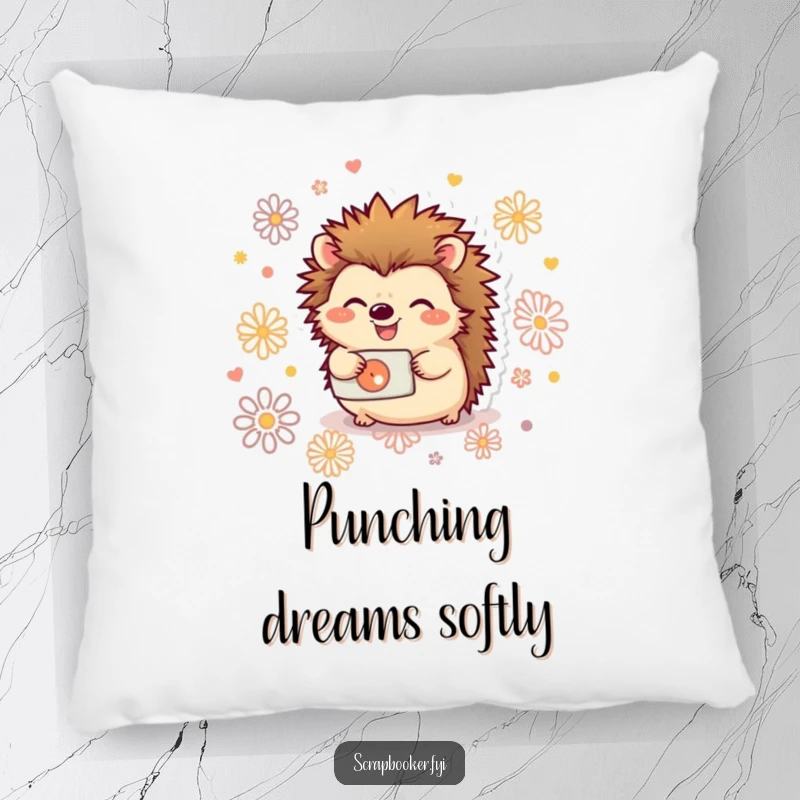 Funny pillow featuring a joyful hedgehog using a hole punch to create decorative patterns, perfect for decor.