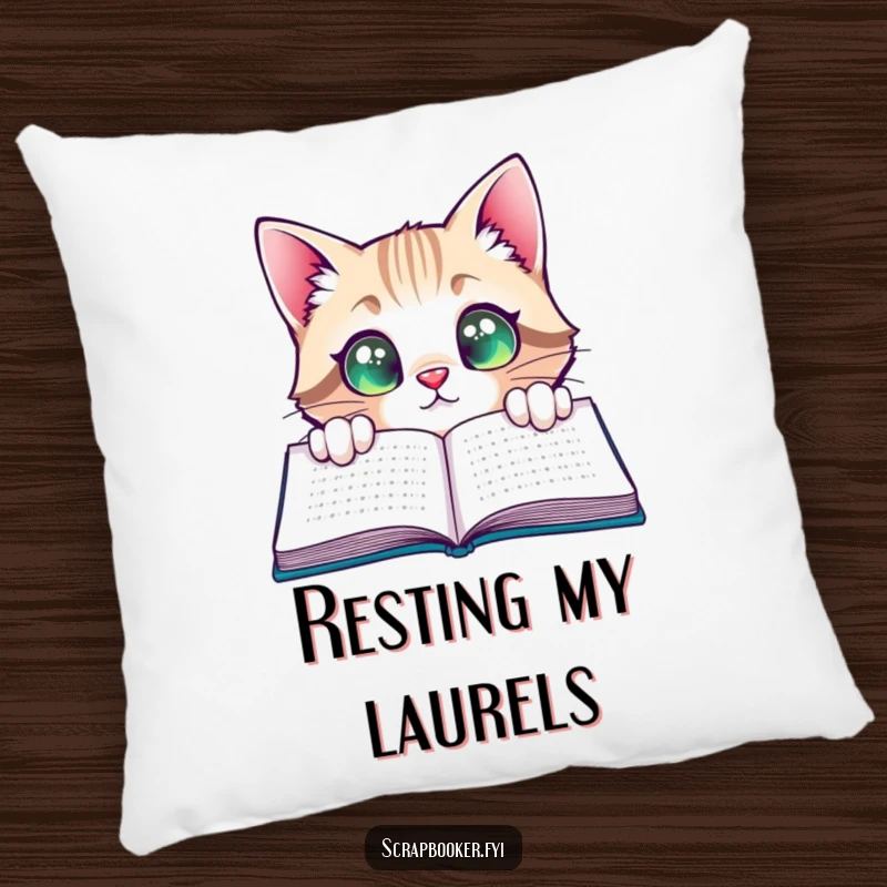 Funny Cat Pillow: A soft pillow featuring a curious cat peeking with satisfied, wide eyes at a completed page, ideal for comfort.