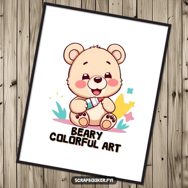 Funny digital art print of a smiling bear cub with a glue stick and a colorful paper craft, celebrating art.