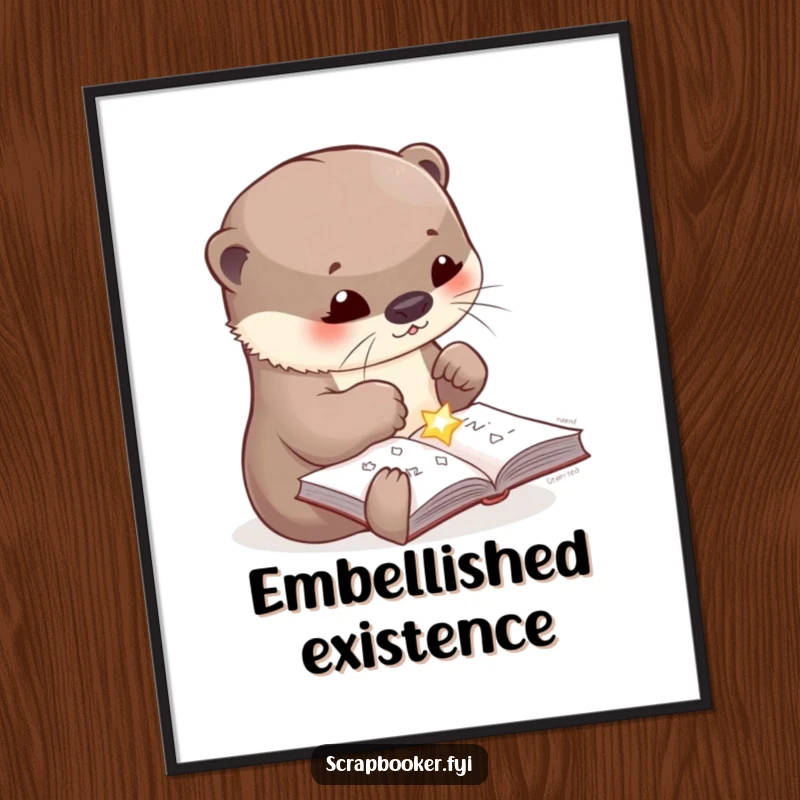 Funny digital art print of a cute otter focused on gluing a shiny embellishment onto a craft page, conveying artistic humor and joy.