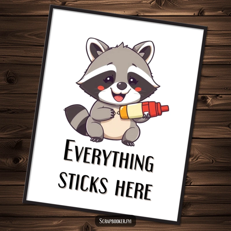 Funny digital art print of a mischievous raccoon grinning while using a glue stick, perfect for printable decor.