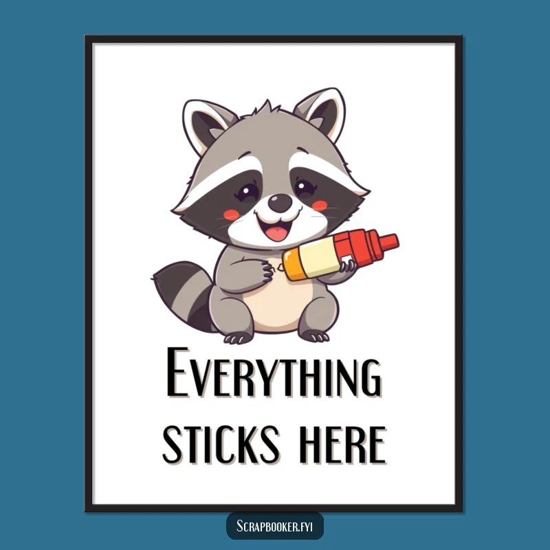 Funny Raccoon Glue Stick Digital Art - Mischievous Grin Printable Art, Instant Crafter Gift