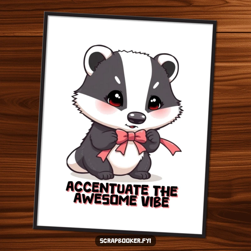 Funny digital art print of a determined badger meticulously placing a ribbon accent, perfect for creative spaces.