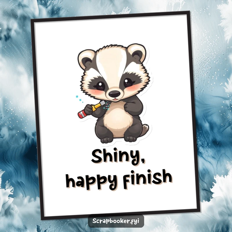 Funny digital art print of a little badger carefully applying glitter to a finished design, ideal for decor.