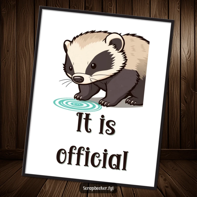 Funny determined badger pressing rubber stamp with clear impression, as a digital art print, embodying official approval.