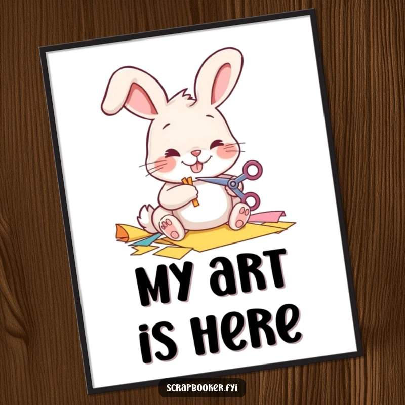 Funny Digital Art Print of a cheerful bunny meticulously cutting paper, celebrating creativity and joy.