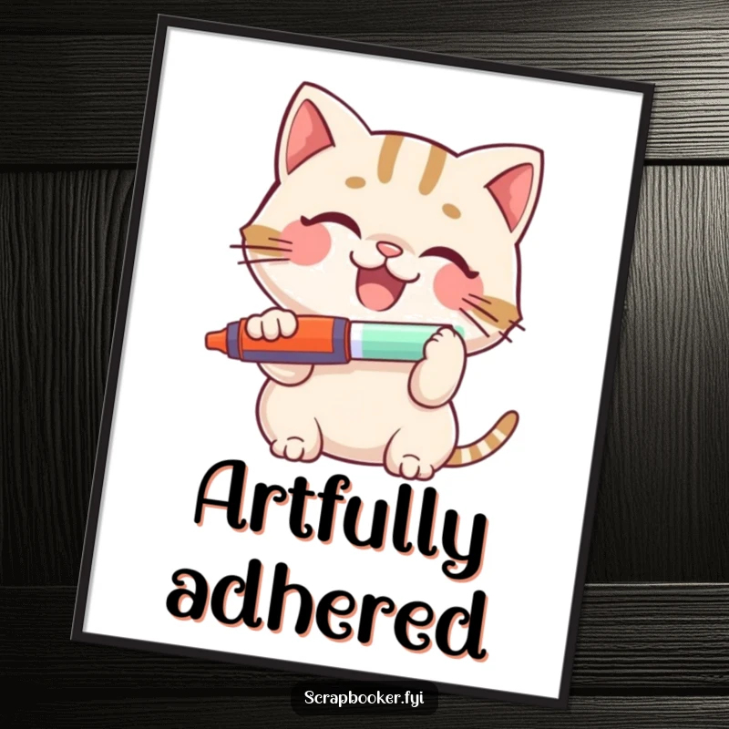 Funny Cat Digital Art: A smiling cat gleefully applying glue, a humorous and downloadable artwork for crafters and cat enthusiasts.