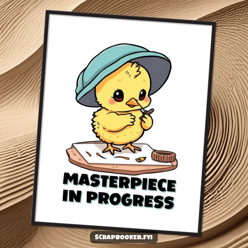 Funny chick digital art print of a curious character painting card details, perfect for instant craft decor.