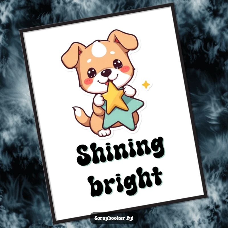 Funny dog digital art print of a playful dog pasting a star sticker, offering instant happy decor.