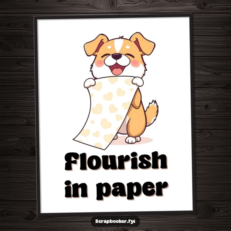 Funny digital art print of a joyful dog unfurling a long piece of patterned paper with an exuberant flourish, full of happiness.