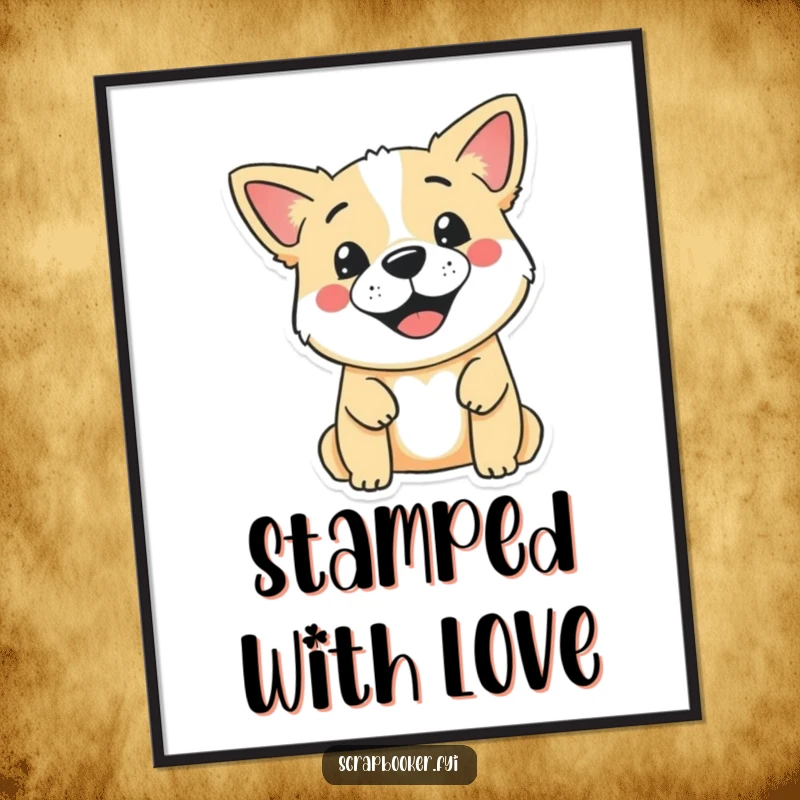 Funny digital art print of a smiling dog stamping a cute design onto a blank page, conveying playful artistry and canine humor.