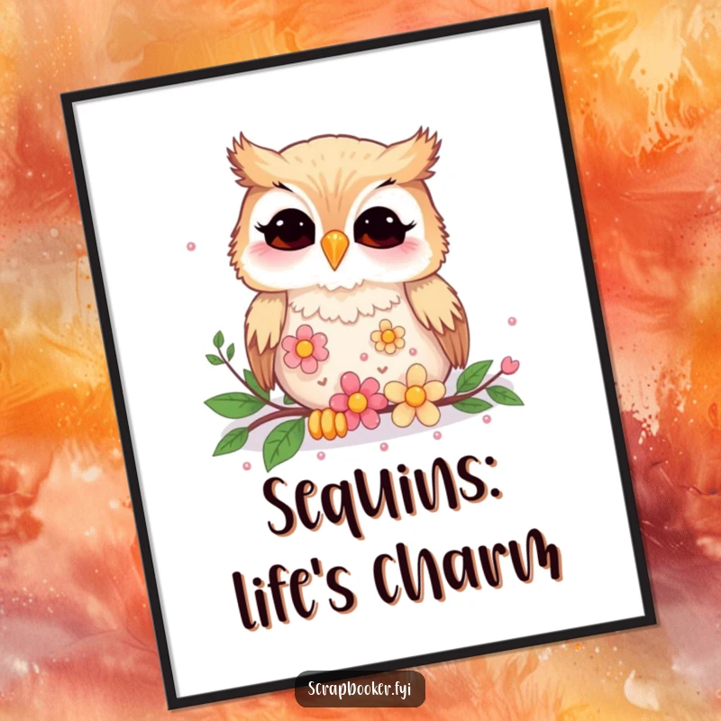Funny giggling owl engrossed in arranging dazzling flower sequins, available as a high-quality digital art print.