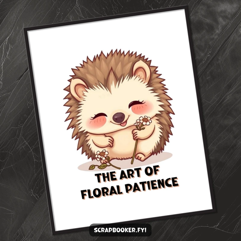 Funny hedgehog digital art print of a giggling artist placing a tiny dried flower, perfect for instant whimsical wall decor.