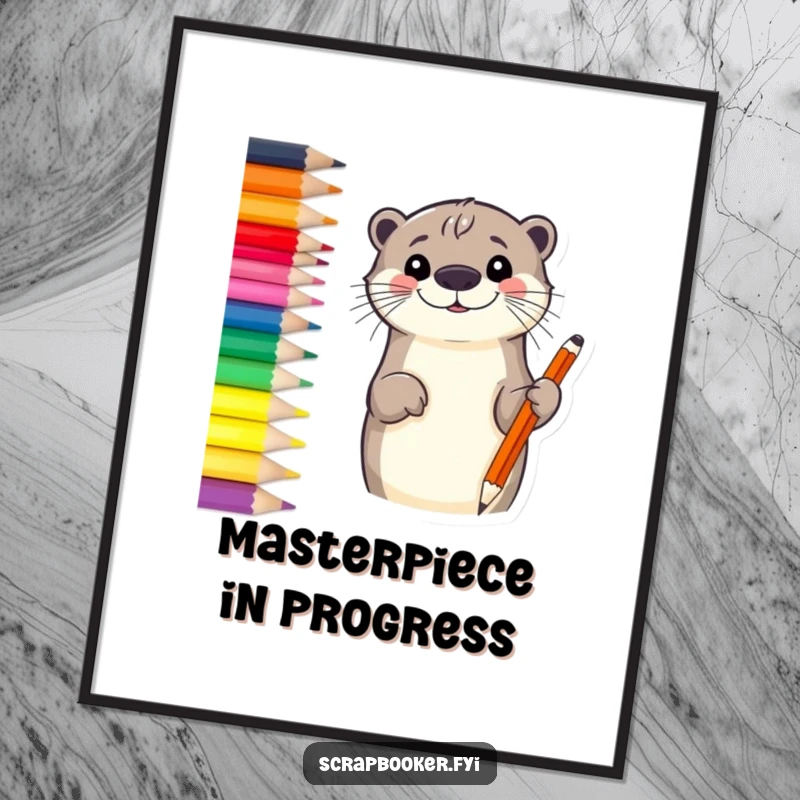 Funny otter digital art print of a smiling otter sketching a border with a vibrant colored pencil, ideal for creative decor.