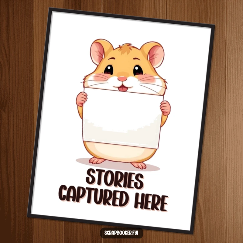 Funny proud hamster holding a completed scrapbook page, available as a high-quality digital art print.