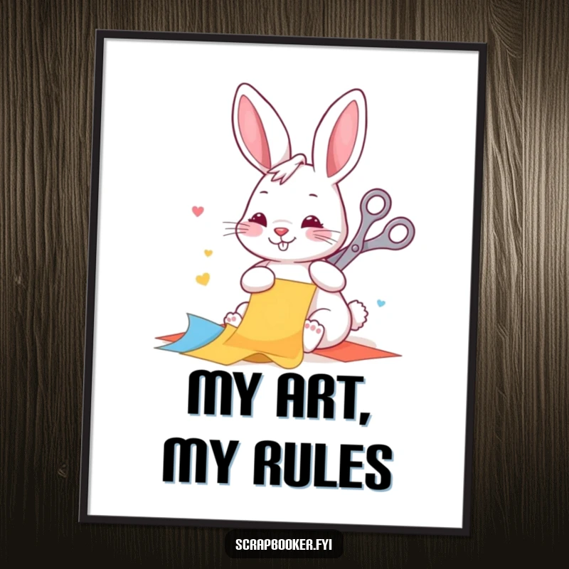Funny digital art print of a happy rabbit diligently cutting colorful paper with scissors, perfect for instant creative wall decor.