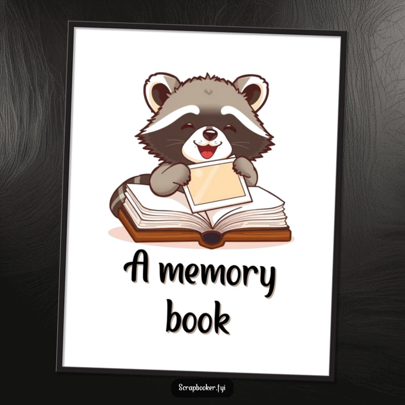 Funny Raccoon Digital Art Print of a delighted raccoon pasting a photo into a book, instantly downloadable art.
