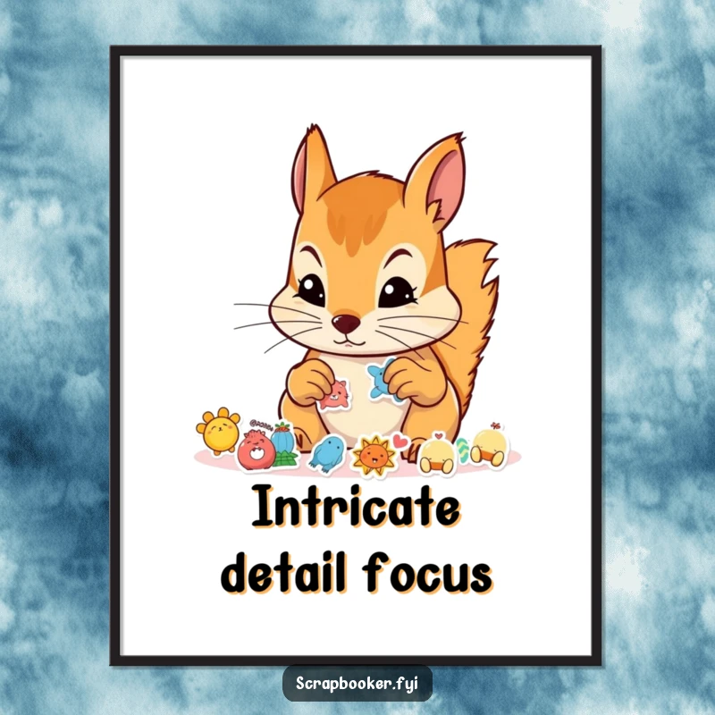 Funny digital art print of a determined squirrel focused on arranging tiny stickers, ideal for printable wall decor.