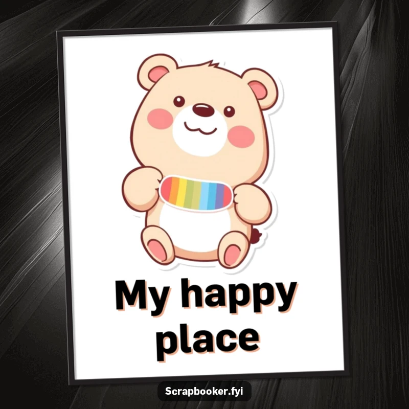 Funny digital art print of a happy bear adding a colorful sticker to a page with delight, adding instant cheer.