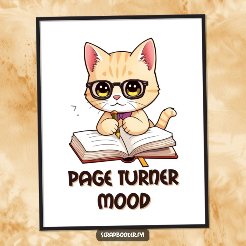 Funny digital art print of an elegant cat using a fancy bookmark in a book. High-resolution download for stylish, humorous decor.