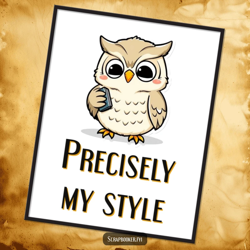 Funny digital art print of a wise owl happily and precisely using a hole punch, perfect for office or home decor.