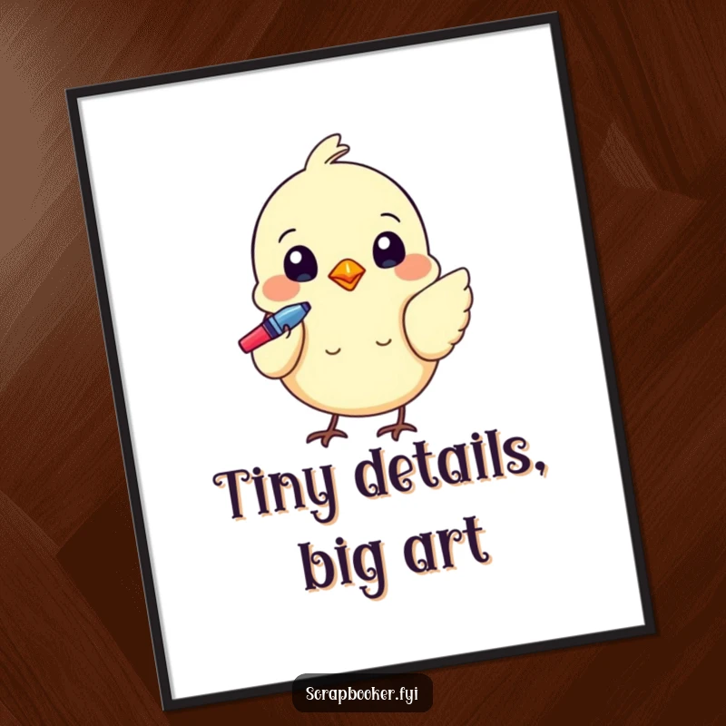Funny digital art print of a tiny bird using a colorful pen to add details, perfect for whimsical decor.
