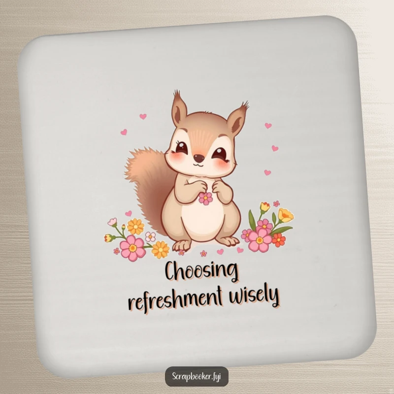 Funny coasters featuring a curious squirrel carefully choosing decorative embellishments, adding a stylish and protective accent.