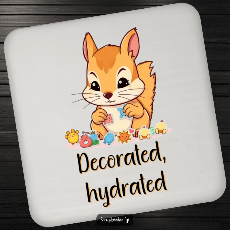 Funny drink coaster featuring a focused squirrel applying stickers, ideal for protecting furniture with humor.