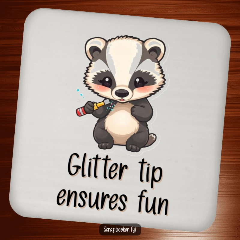 Funny drink coaster featuring a little badger carefully applying glitter to a finished design, ideal for furniture protection.
