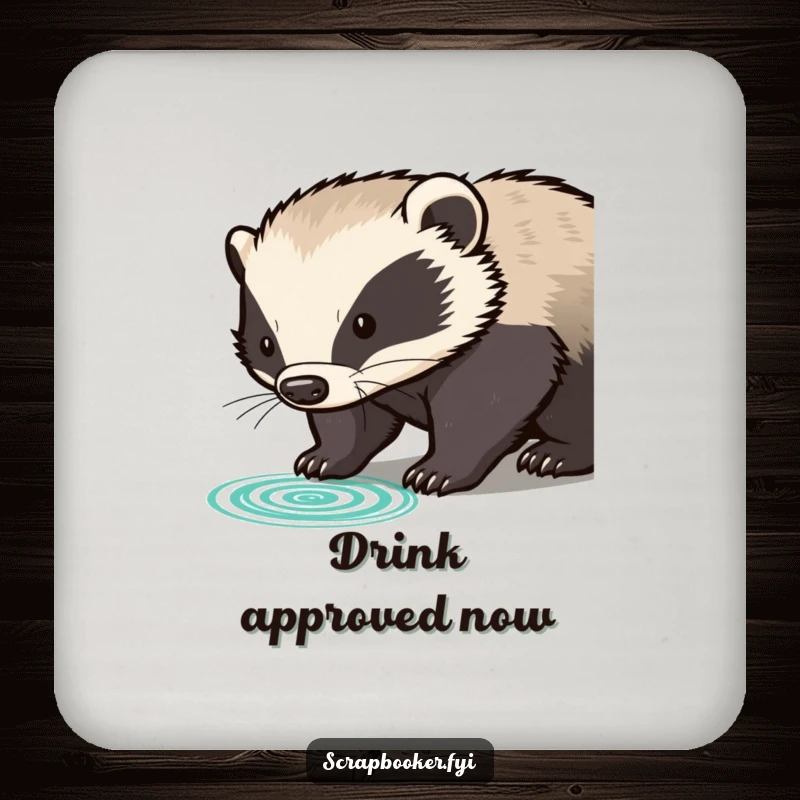 Funny determined badger pressing rubber stamp with clear impression, on drink coasters, offering official surface protection.