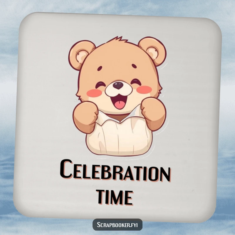 Funny coaster with a happy bear cub excitedly ripping colorful paper with its paws, adding fun to surfaces.