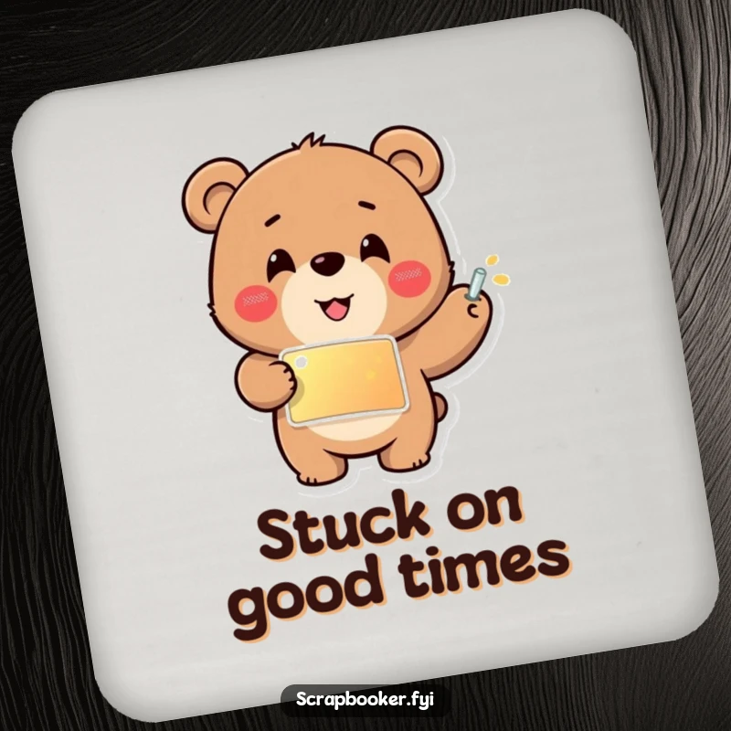 Funny coasters featuring a cheerful bear carefully gluing a shiny sticker into place, adding a creative and protective touch.