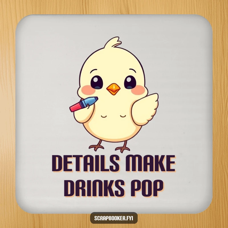 Funny drink coaster with a tiny bird using a colorful pen to add details, protecting surfaces with art.