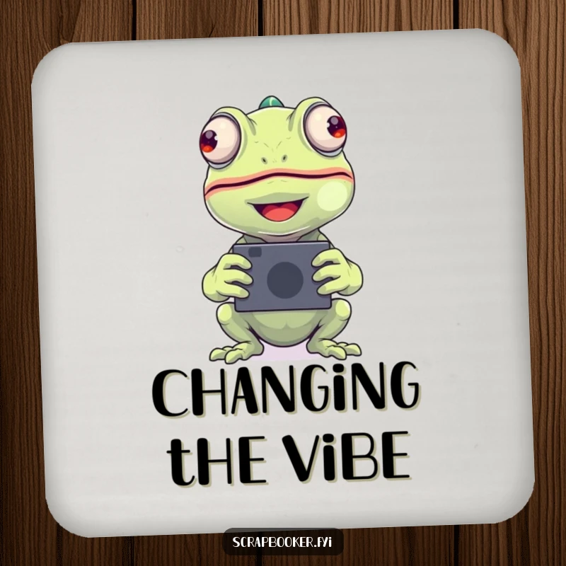 Funny chameleon photo coasters featuring a beaming chameleon, protecting surfaces with humor and as a funny gift.
