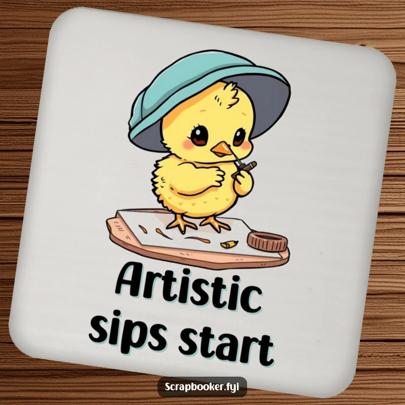 Funny chick coaster with a curious character painting card details, perfect for artistic table protection.