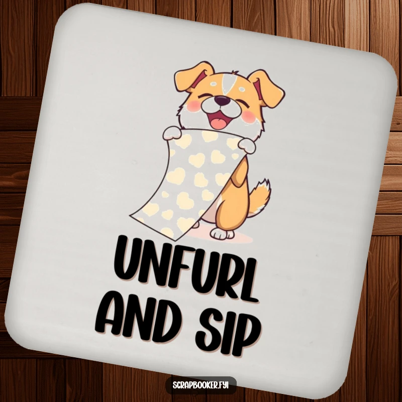 Funny coaster featuring a joyful dog unfurling a long piece of patterned paper with a playful flourish, adding cheer to your table.