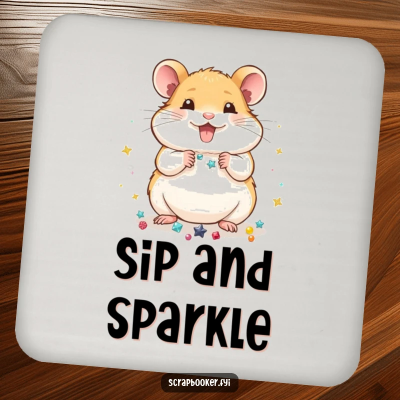 Funny Coaster: A hamster arranging shiny embellishments, adding a touch of crafty humor and sparkle to protect surfaces.