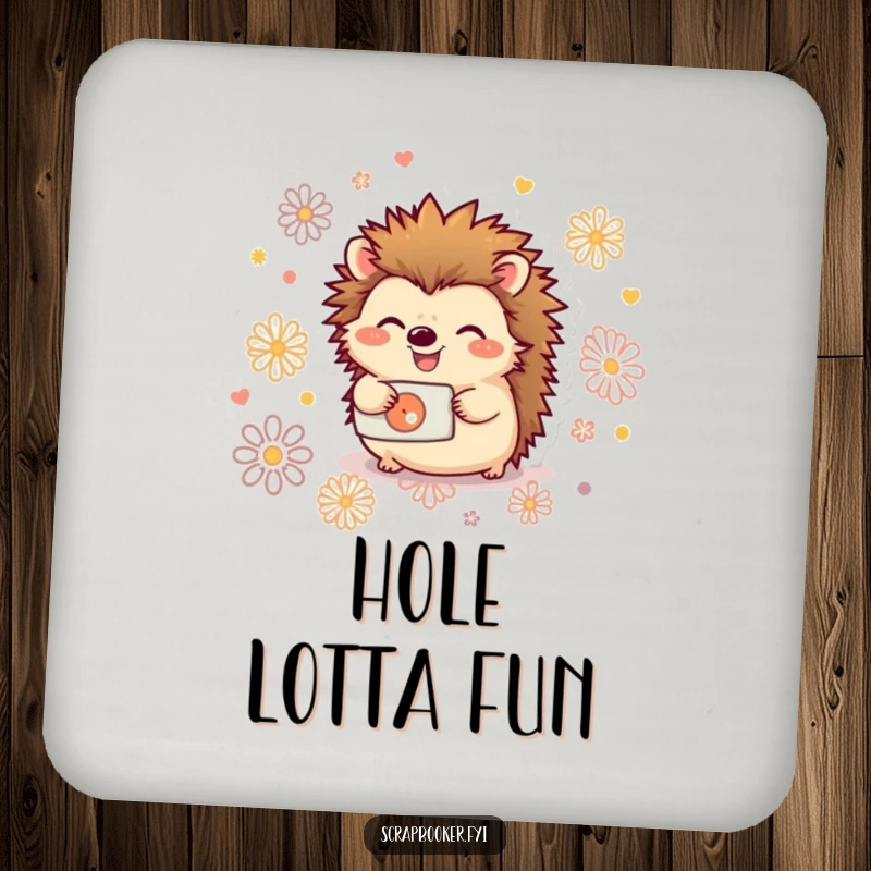 Funny drink coaster featuring a joyful hedgehog using a hole punch to create decorative patterns, ideal for furniture protection.