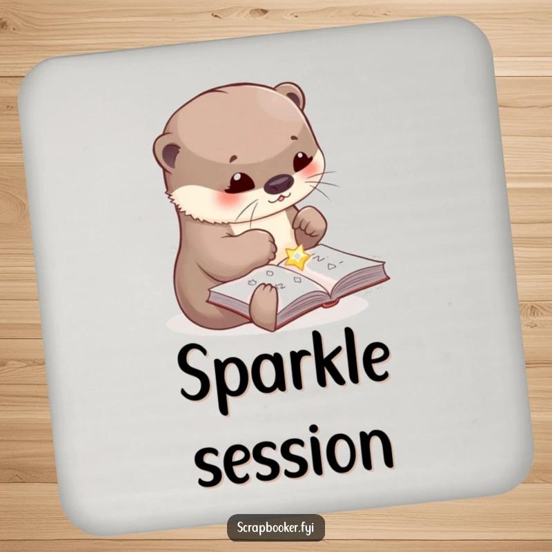 Funny drink coaster showcasing a cute otter meticulously gluing a shiny embellishment onto a craft page, protecting surfaces with humor.