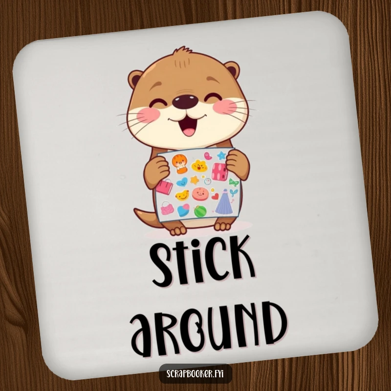 Funny Otter Coaster: A cheerful otter holding a sticker sheet with gleeful anticipation, perfect for adding humor to your coffee table.