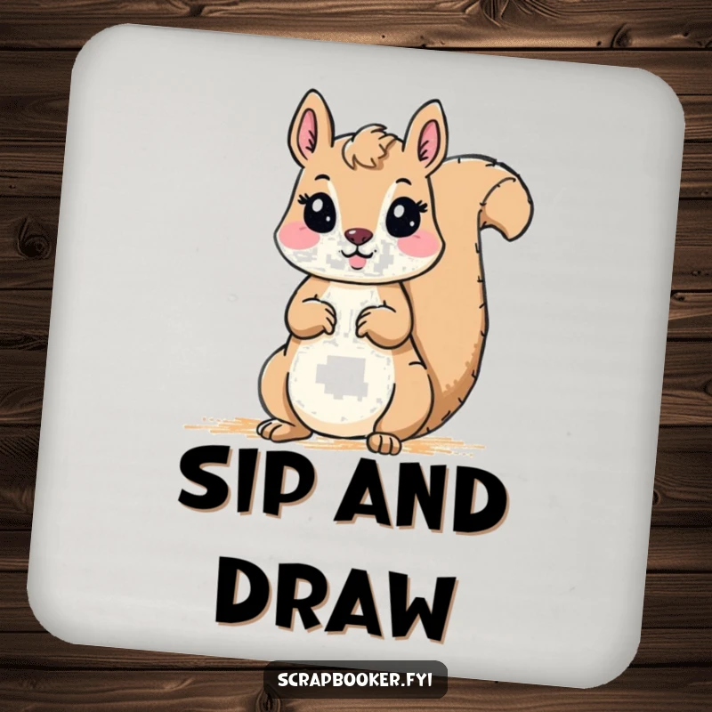 Funny Coaster: A squirrel drawing a border with a crayon, adding a whimsical and humorous artistic touch to protect surfaces.