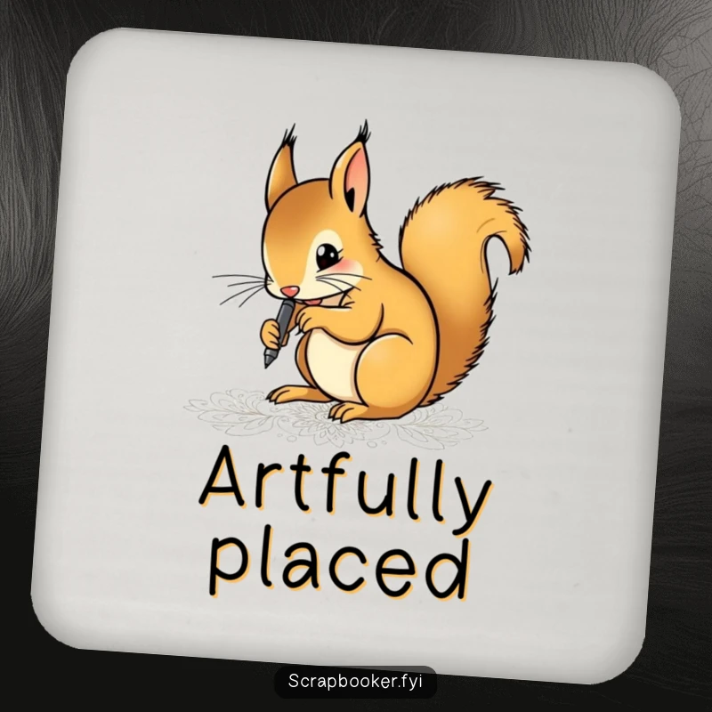 Funny coaster featuring a determined squirrel artist drawing intricate patterns with a fine-tip pen, adding artistic humor to your table.