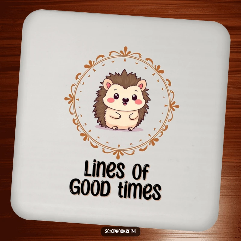 Funny hedgehog coaster with a cheerful character drawing a border, perfect for artistic table protection.